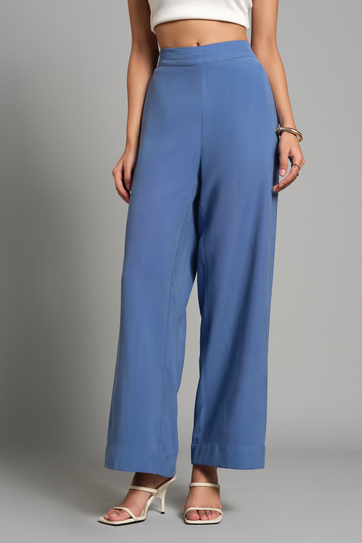 Women's Blue Formal Solid Mid Rise Trouser