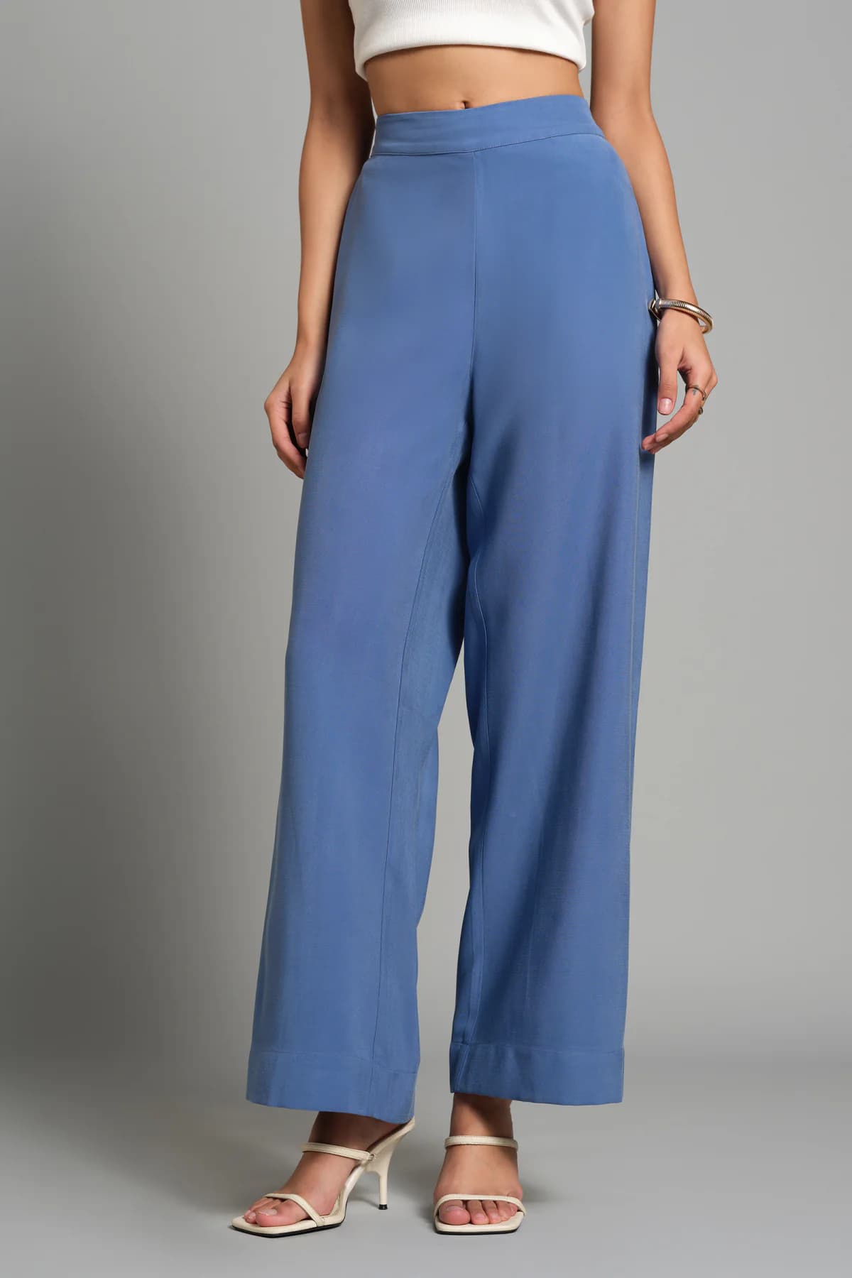 Women's Blue Formal Solid Mid Rise Trouser