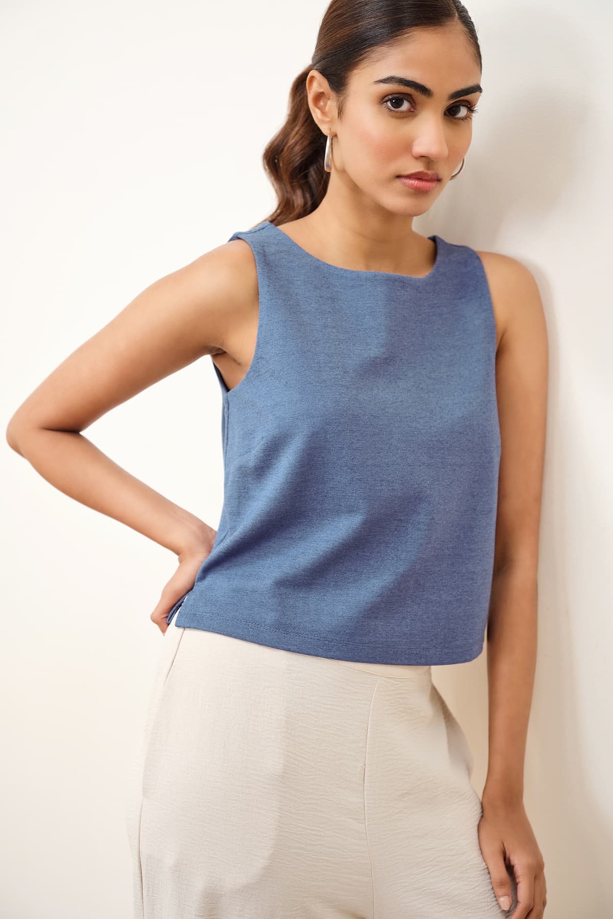 Women's Blue Casual Sleeveless Round Neck Top