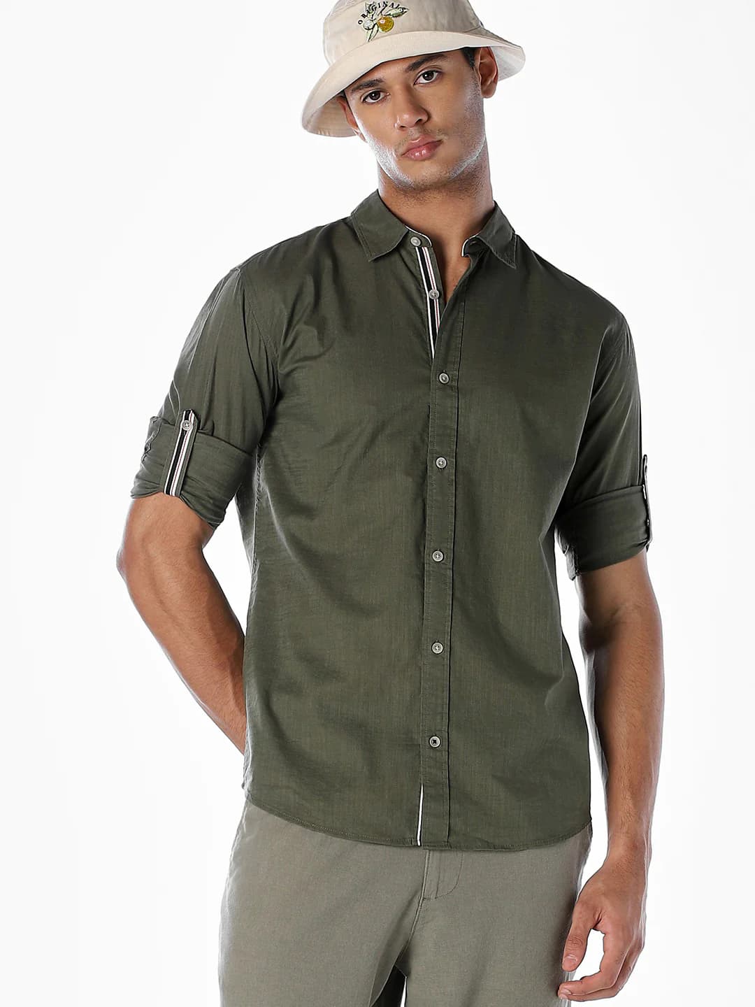 Men's Green Casual Full Sleeves Solid Cotton Shirt