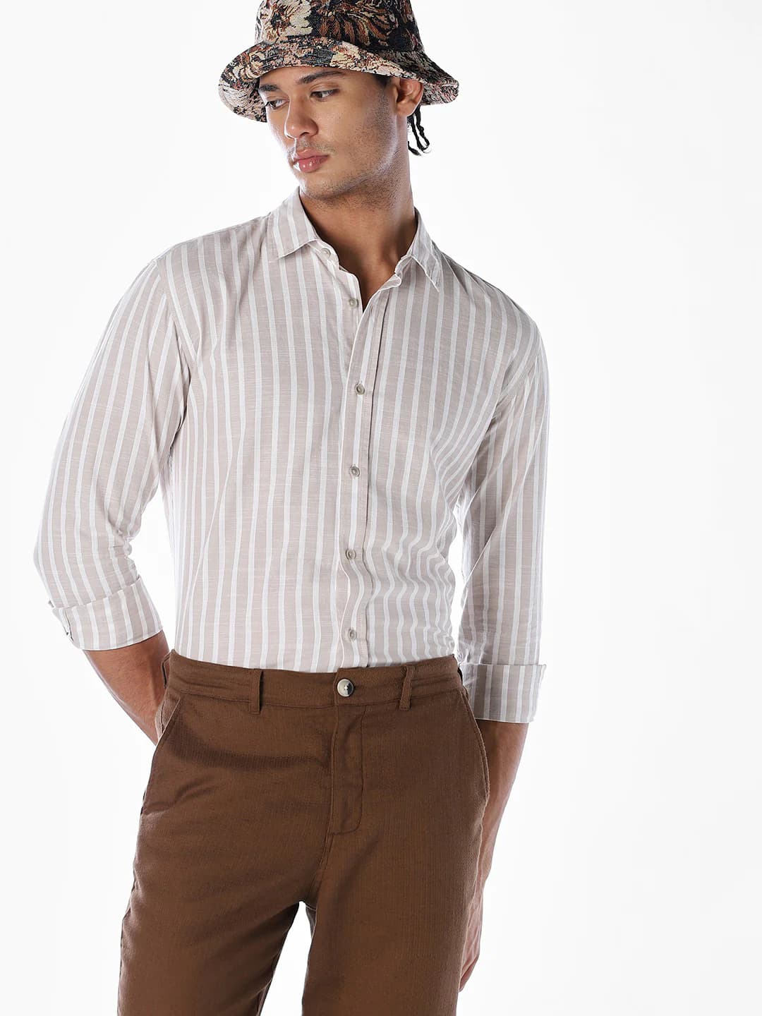 Men's Beige Casual Full Sleeves Striped Cotton Shirt