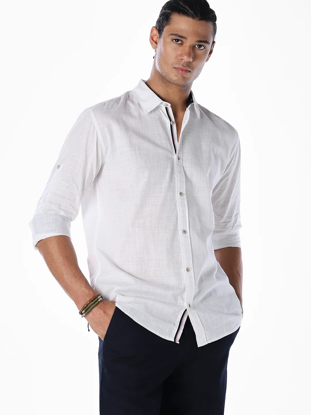 Men's White Casual Full Sleeves Solid Cotton Shirt