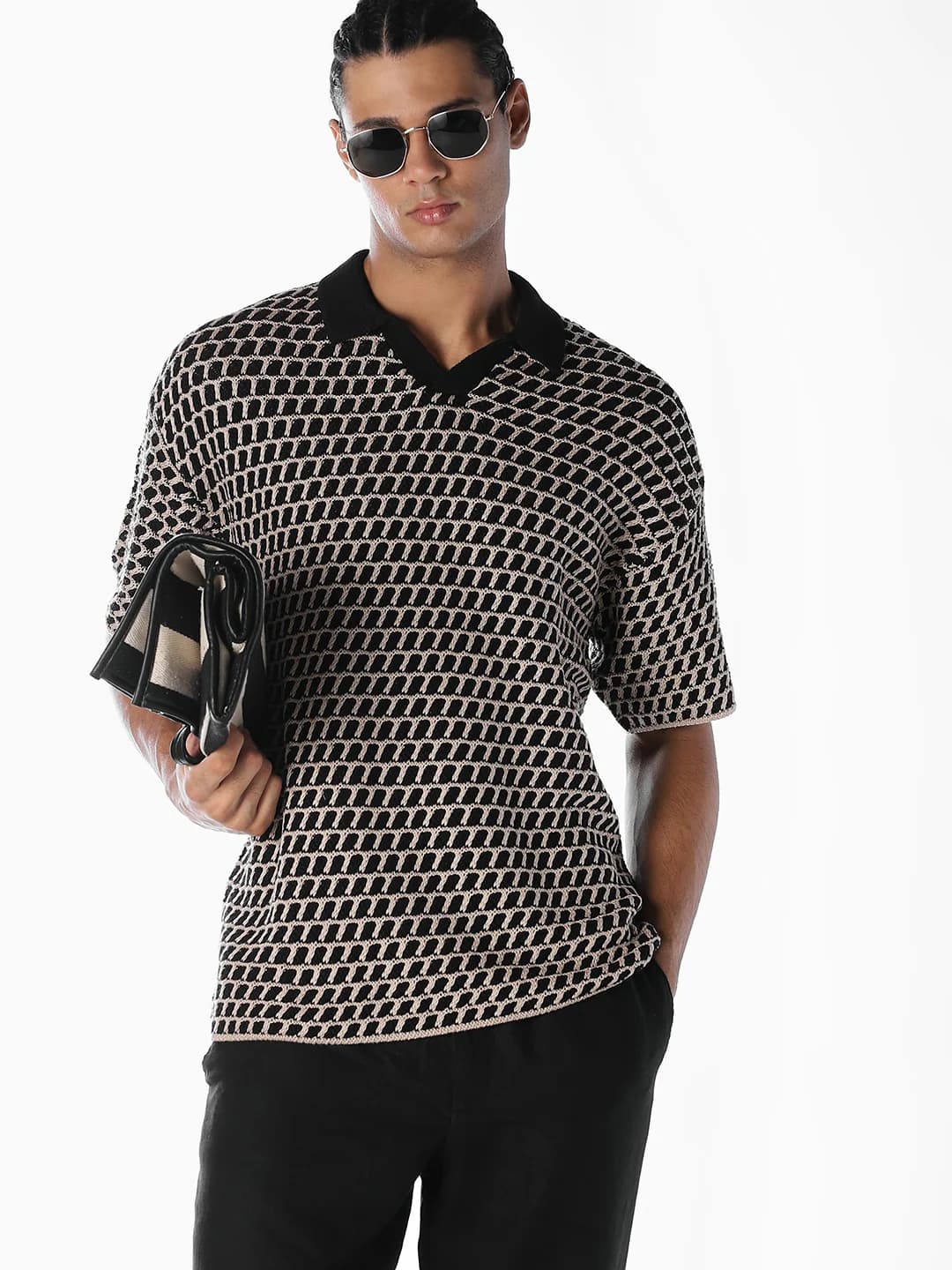 Men's Black Casual Half Sleeves Self-Design Polo Tshirt