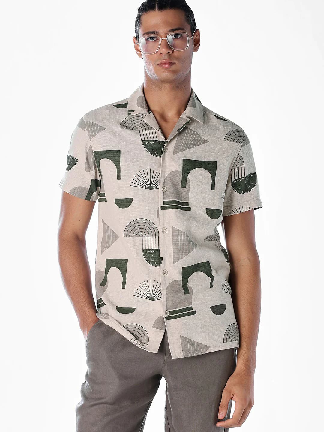 Men's Beige Casual Half Sleeves Printed Cotton Shirt