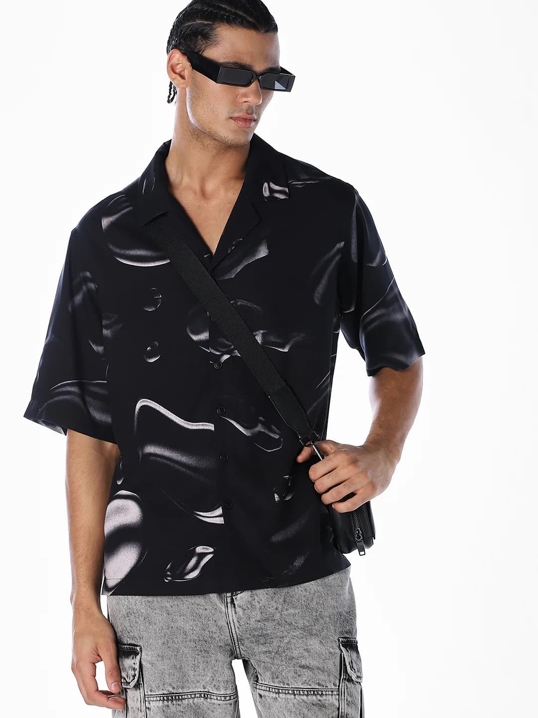 Men's Black Casual Half Sleeves Abstract Shirt
