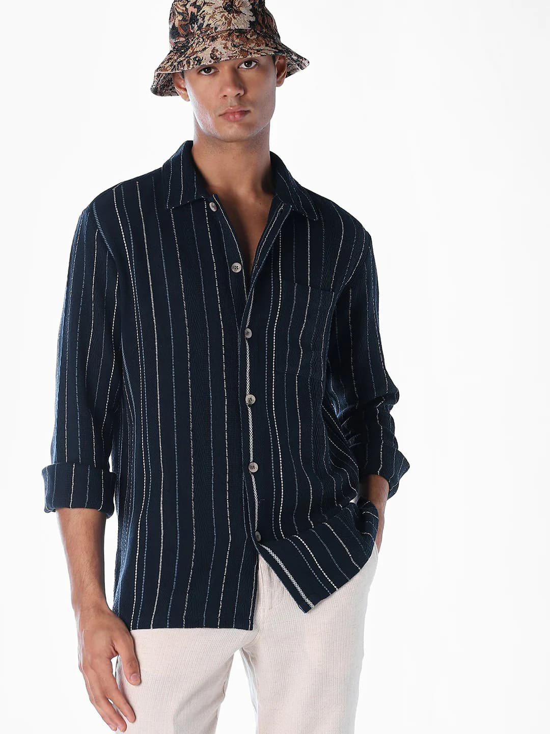 Men's Navy Casual Full Sleeves Striped Cotton Shirt