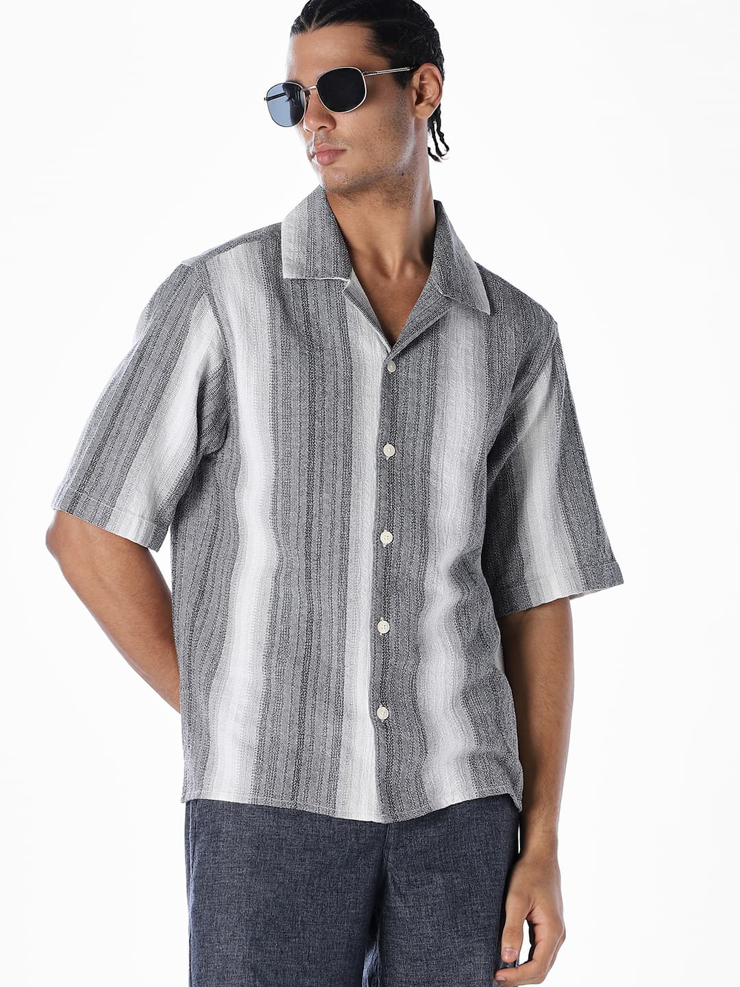 Men's Grey Casual Half Sleeves Striped Shirt