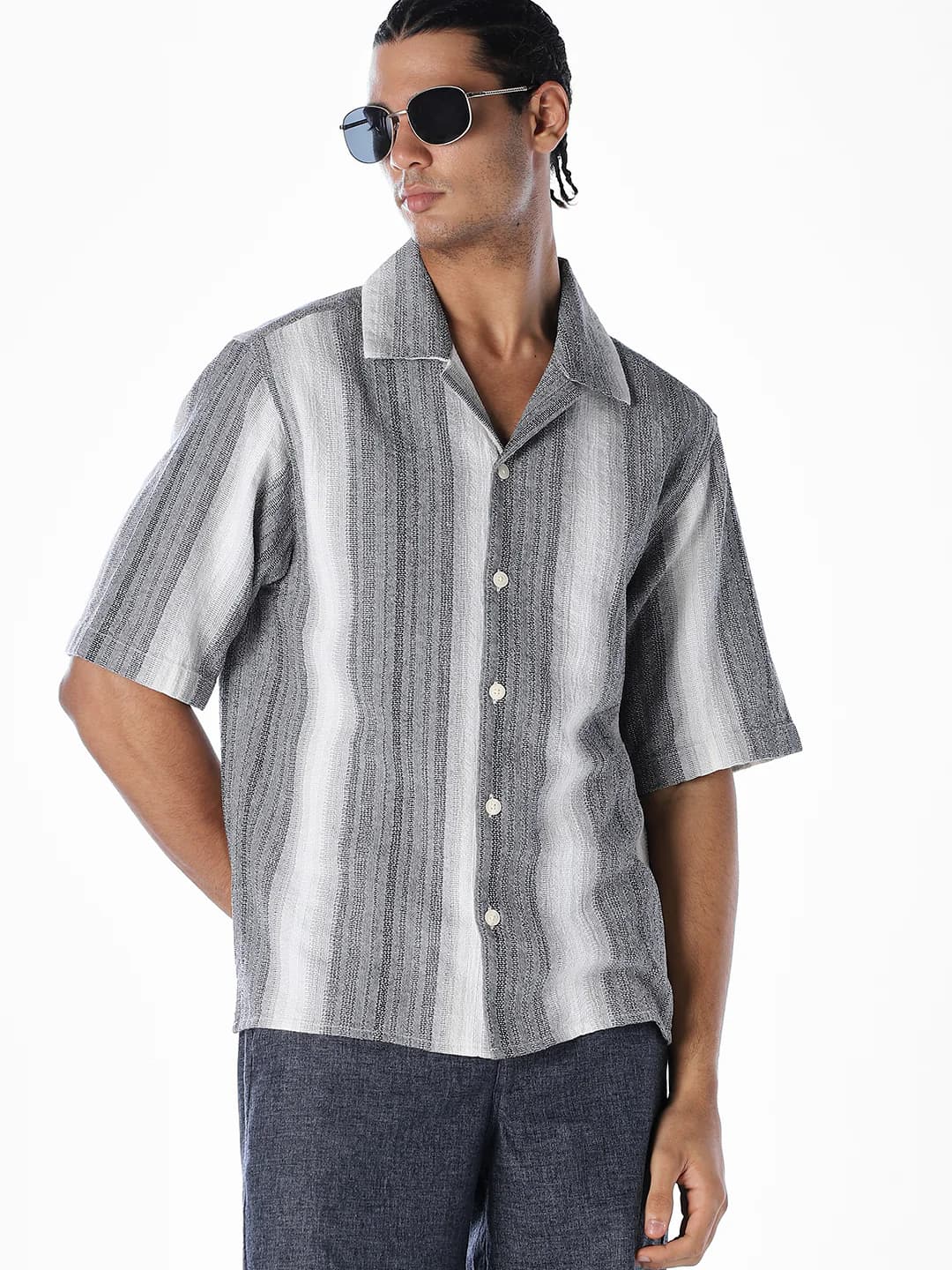 Men's Grey Casual Half Sleeves Striped Cotton Shirt