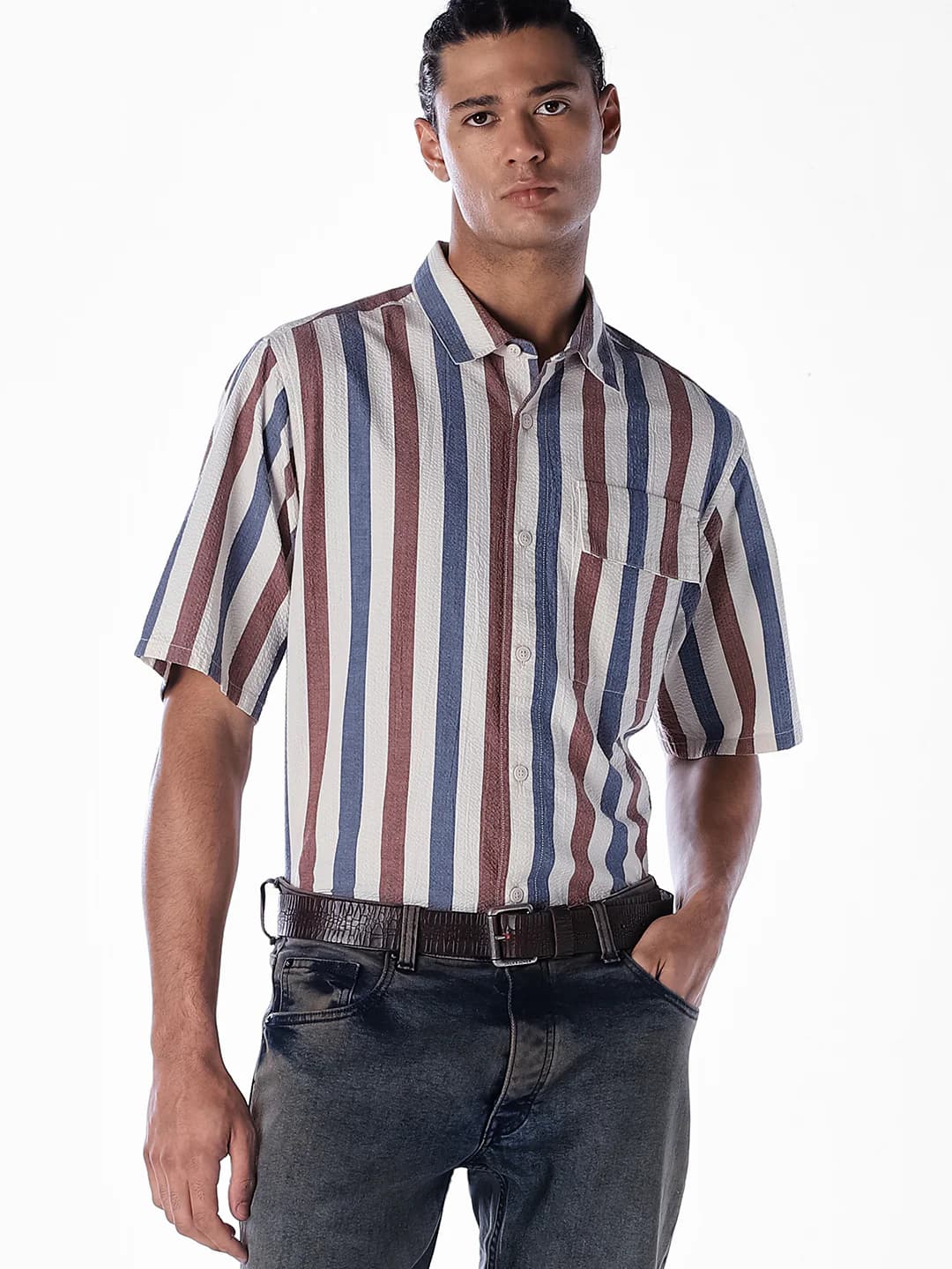 Men's White Casual Half Sleeves Striped Cotton Shirt