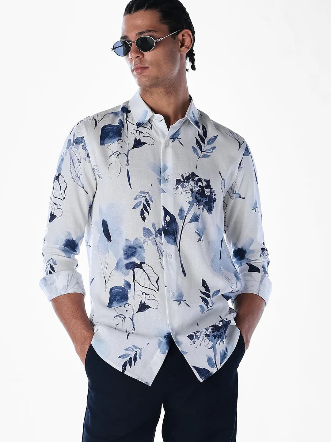 Men's White Casual Full Sleeves Floral Shirt