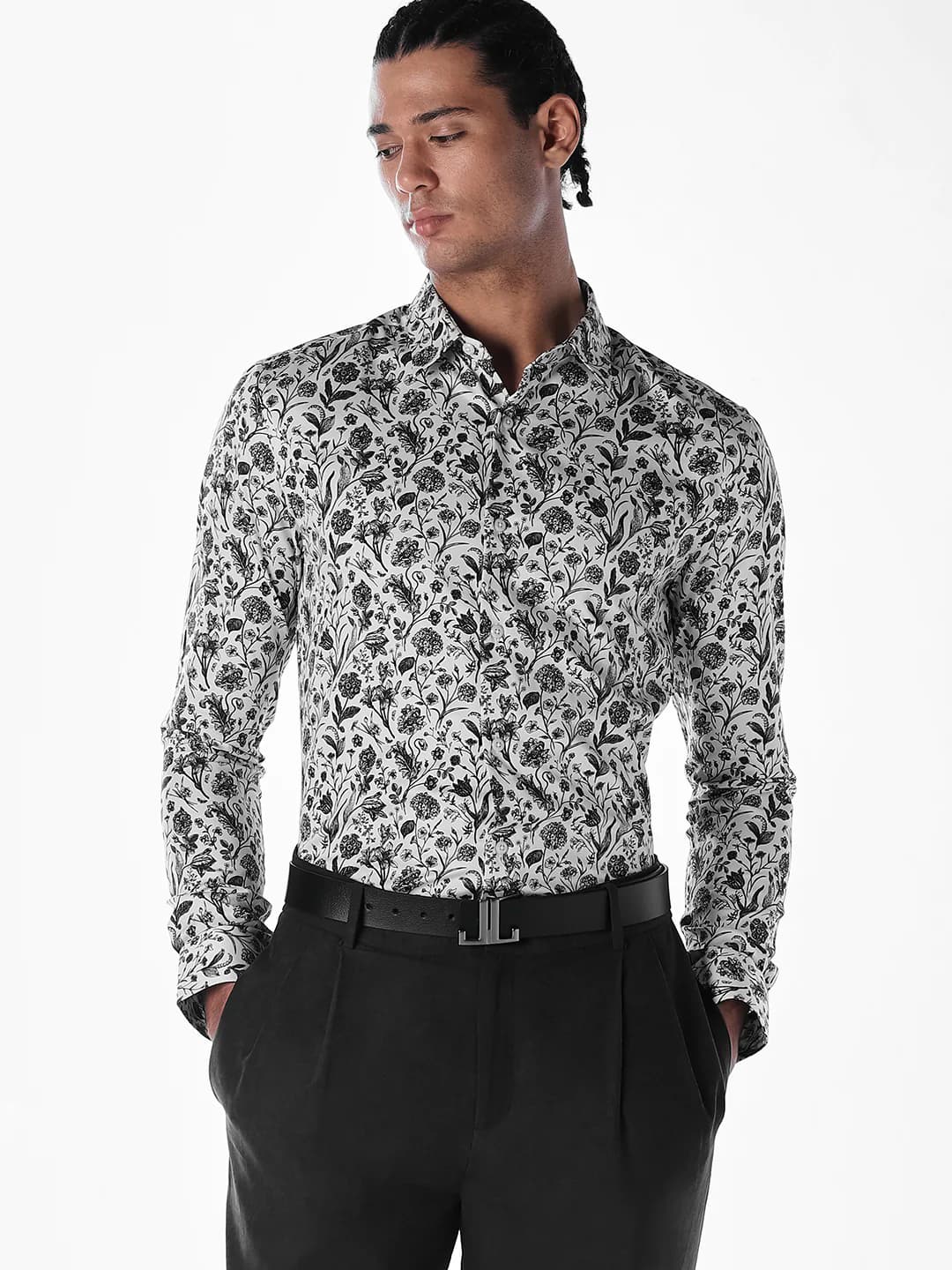Men's White Casual Full Sleeves Floral Cotton Shirt