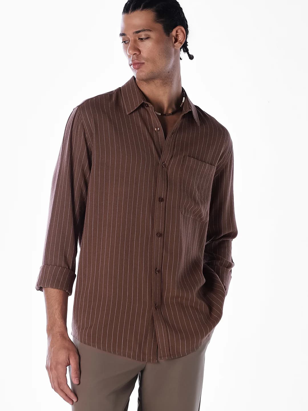 Men's Brown Casual Full Sleeves Striped Shirt