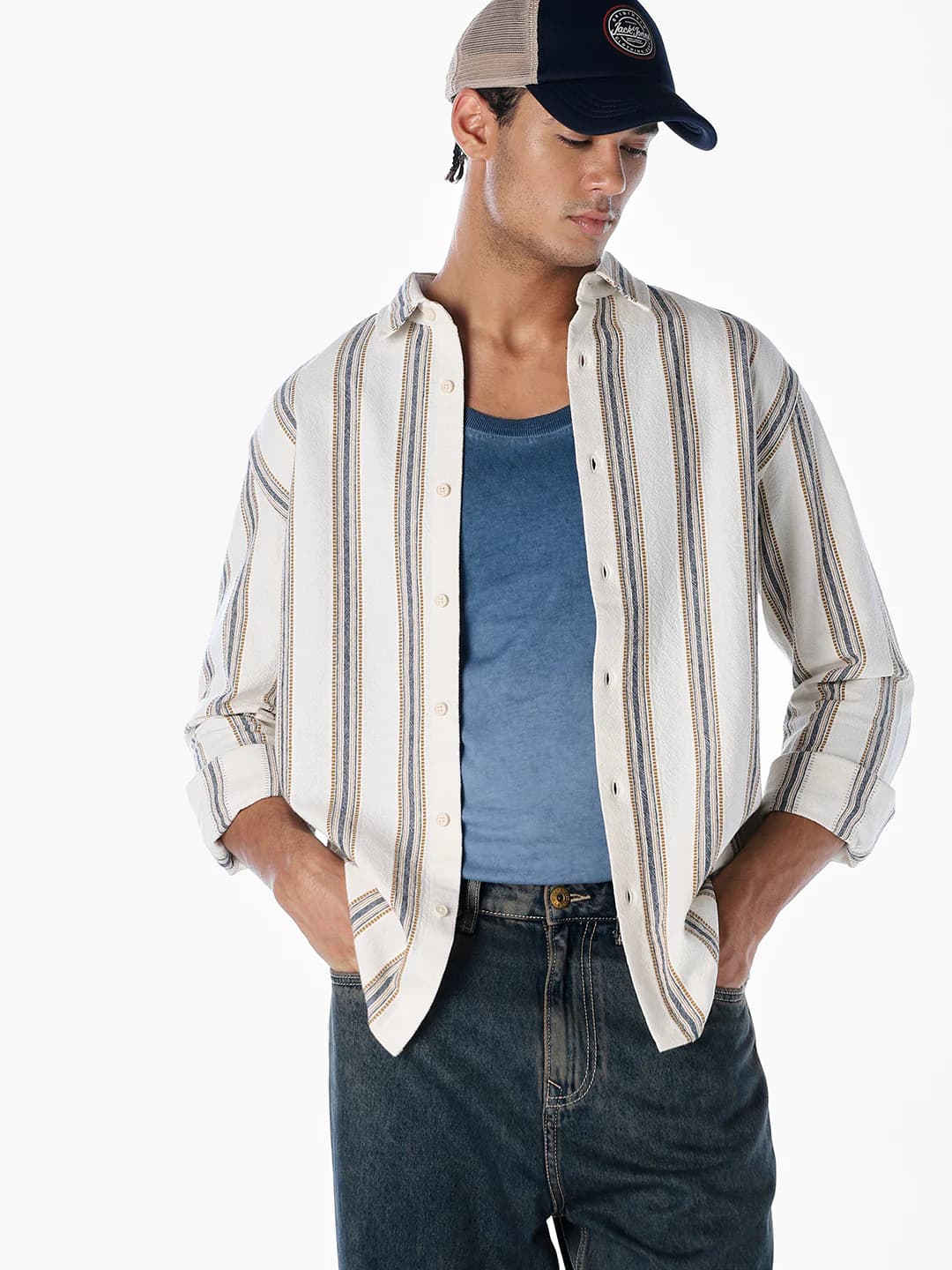 Men's White Casual Full Sleeves Striped Cotton Shirt