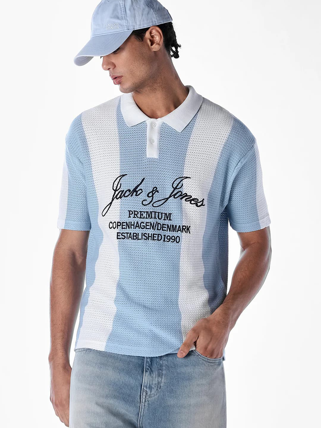 Men's Blue Casual Half Sleeves Striped Polo Tshirt