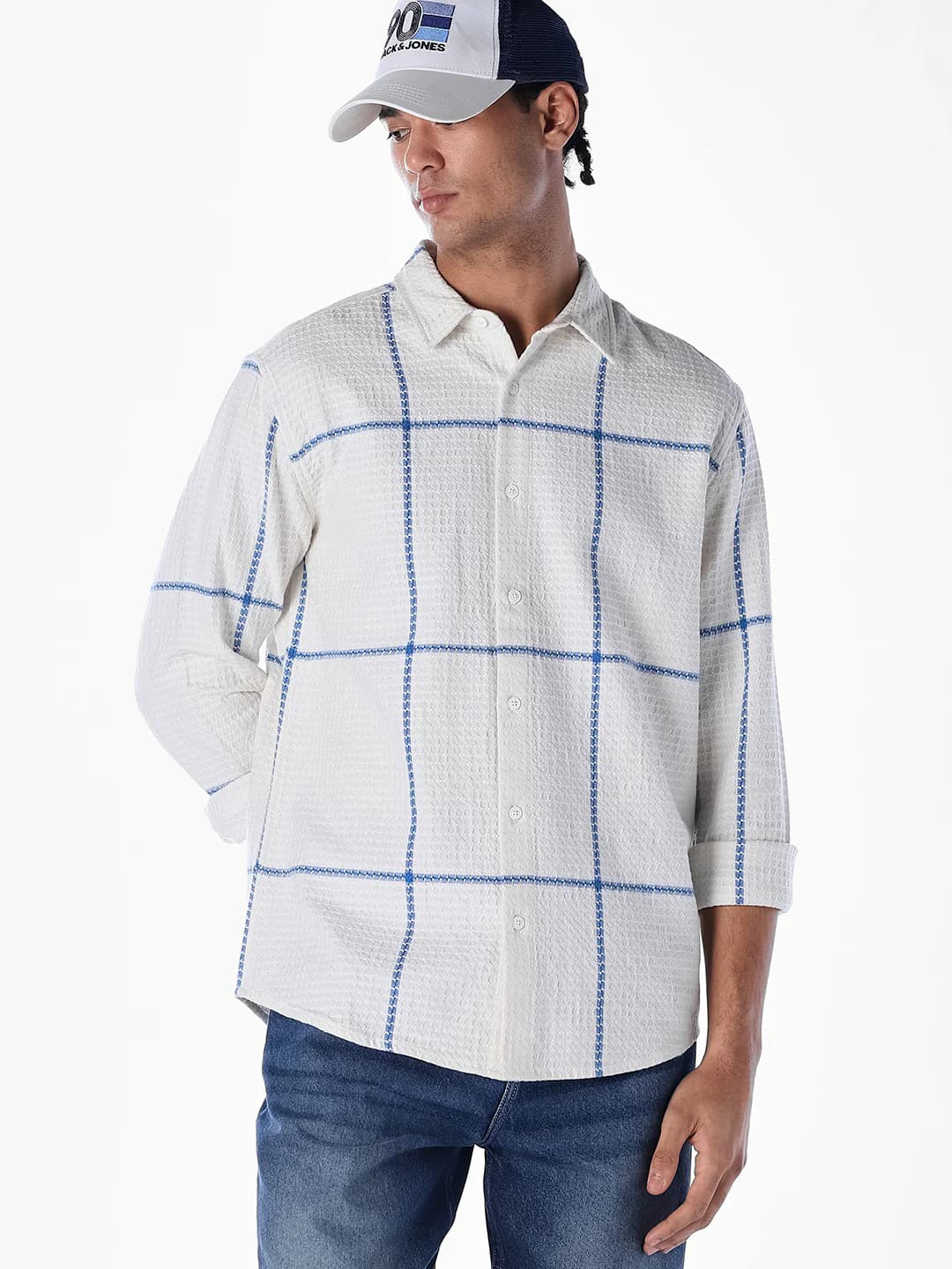Men's White Casual Full Sleeves Checked Cotton Shirt