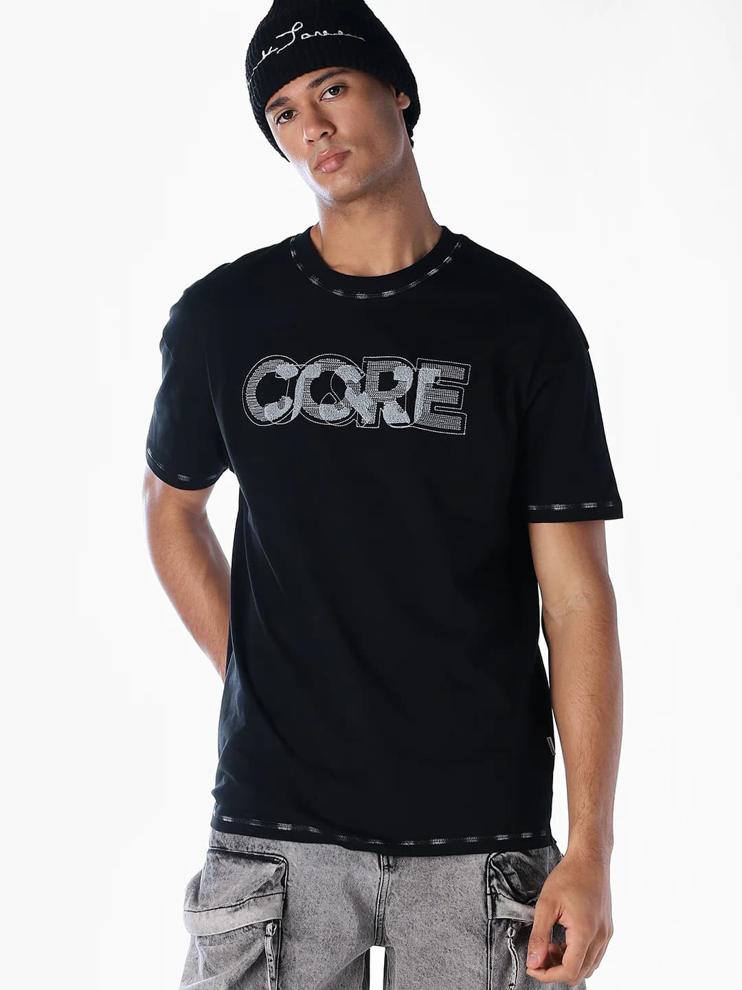 Men's Black Casual Half Sleeves Self-Design Tshirt