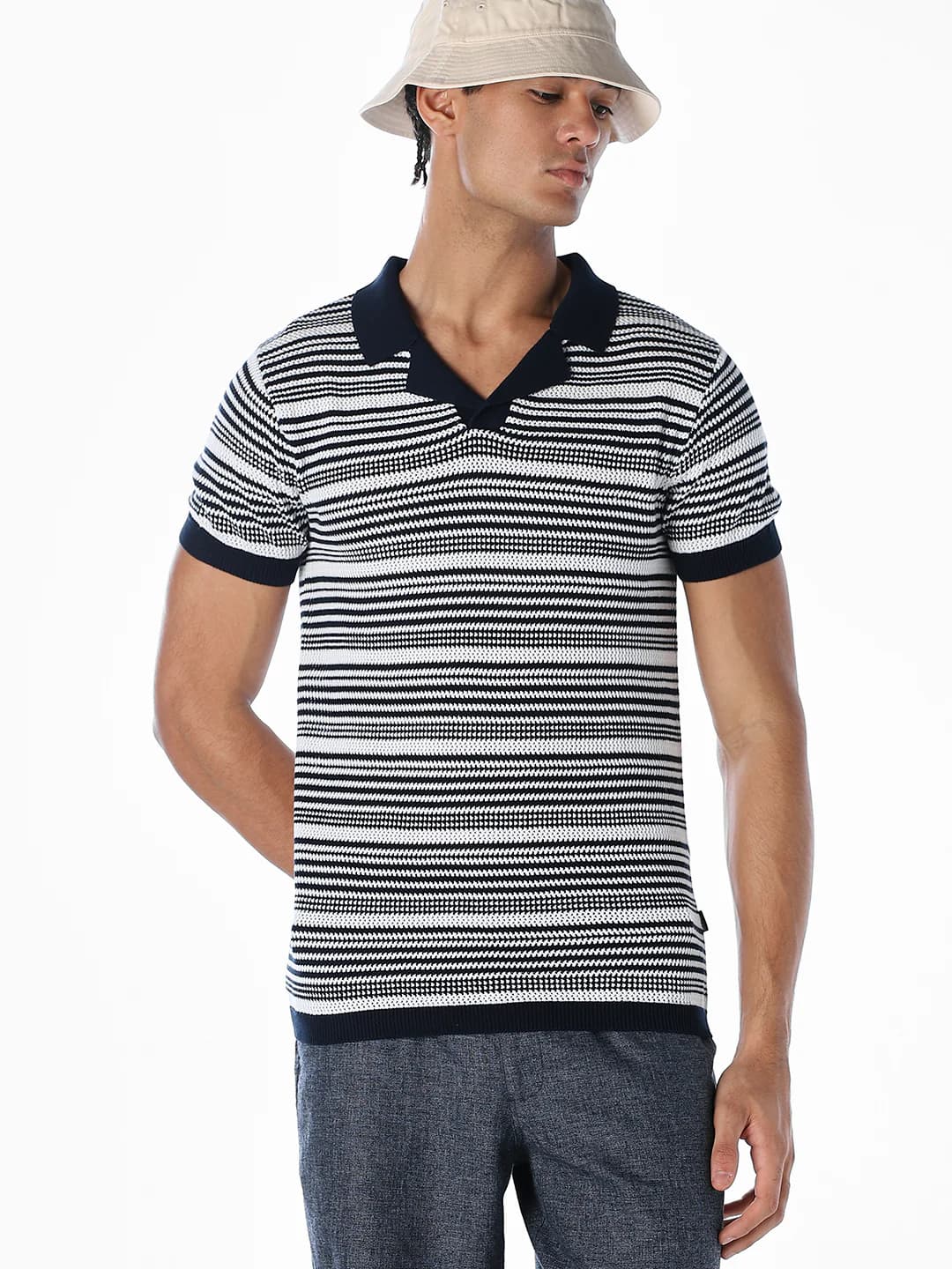 Men's Navy Casual Half Sleeves Striped Polo Tshirt