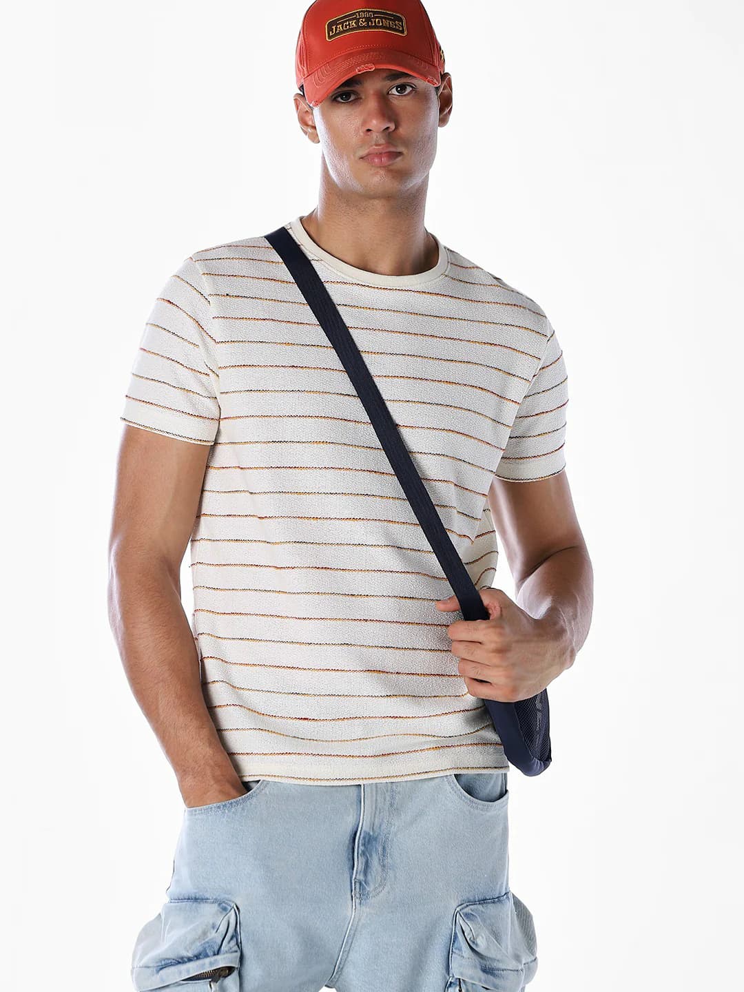 Men's White Casual Half Sleeves Striped Tshirt