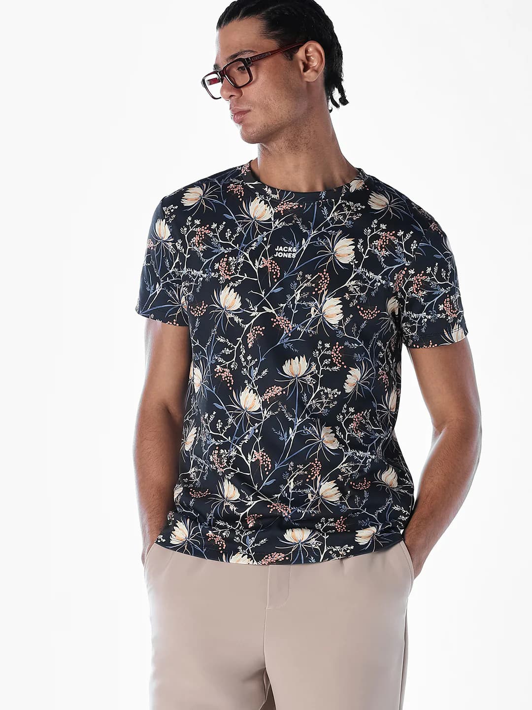Men's Black Casual Half Sleeves Floral Tshirt