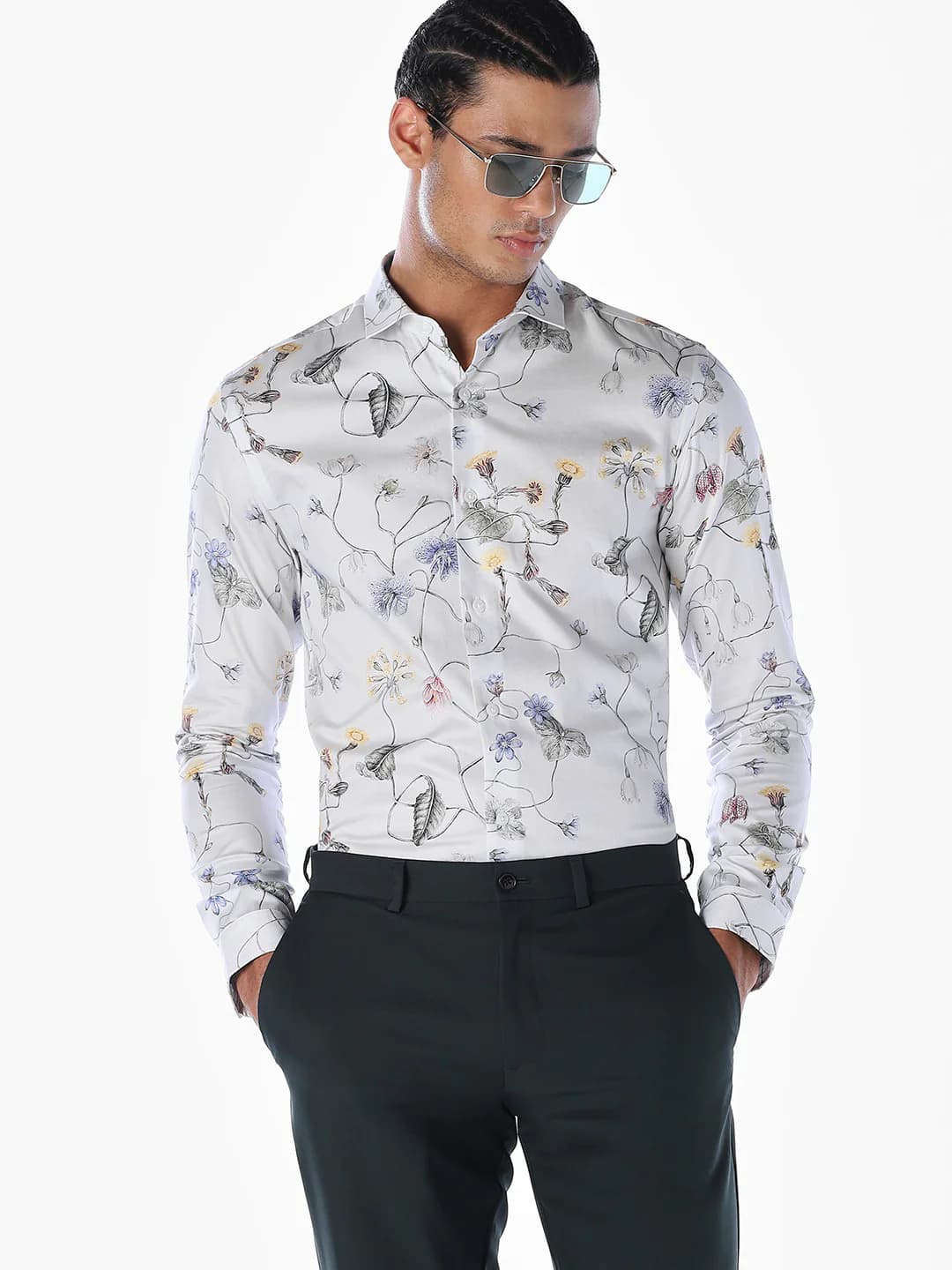 Men's White Casual Full Sleeves Floral Cotton Shirt