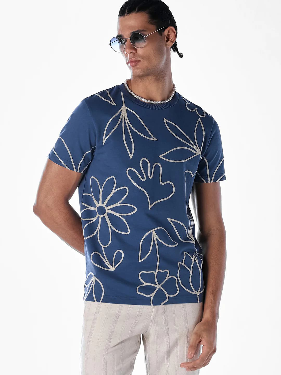 Men's Blue Casual Half Sleeves Self-Design Tshirt
