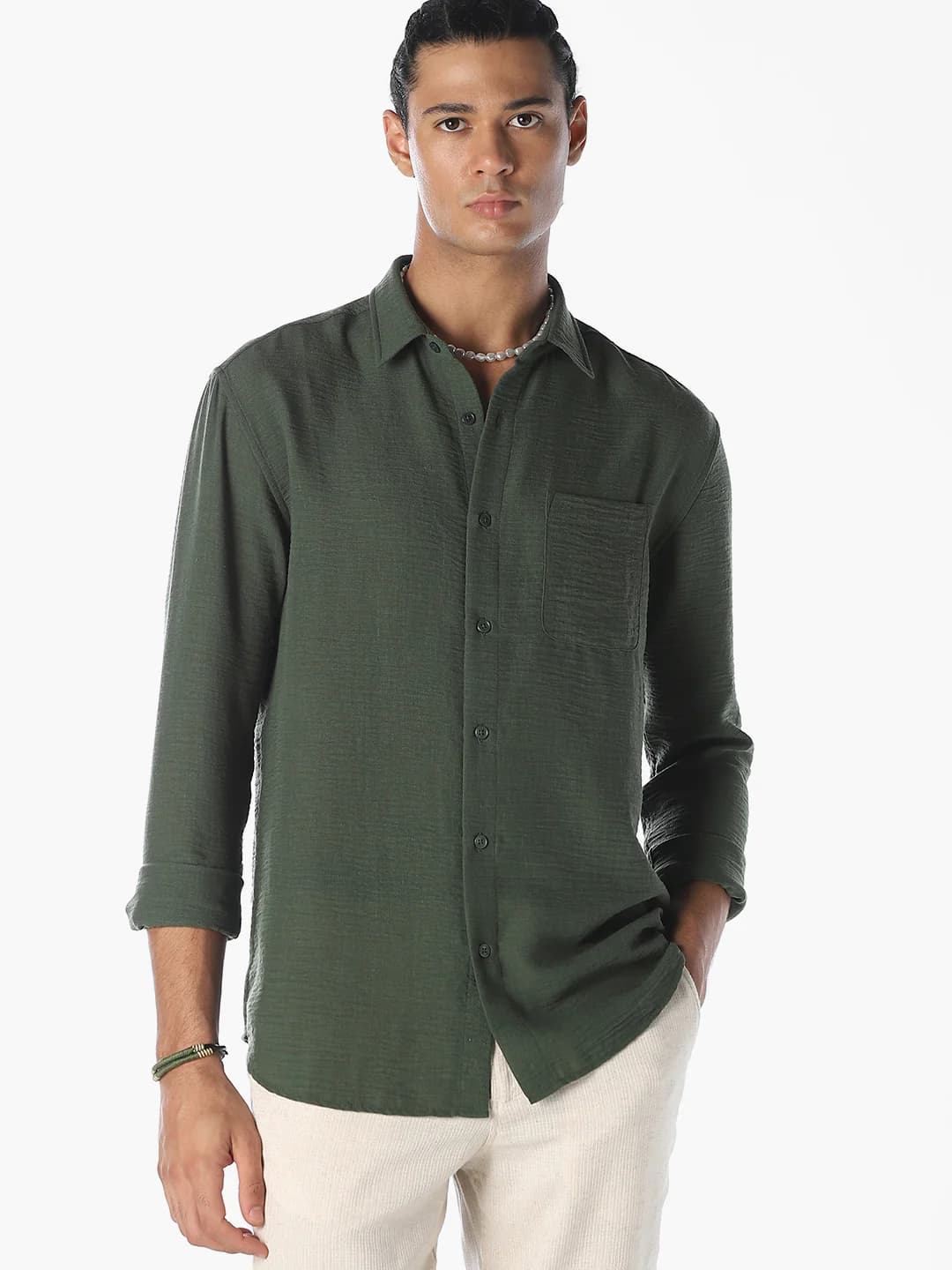 Men's Green Casual Full Sleeves Solid Shirt