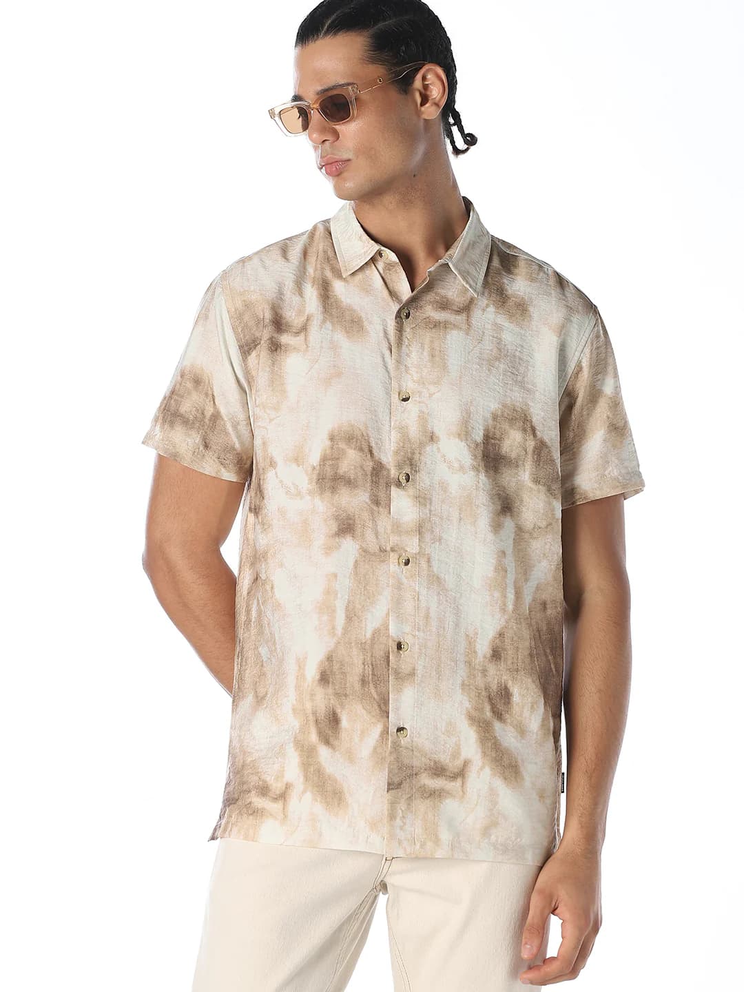 Men's Brown Casual Half Sleeves Abstract Shirt