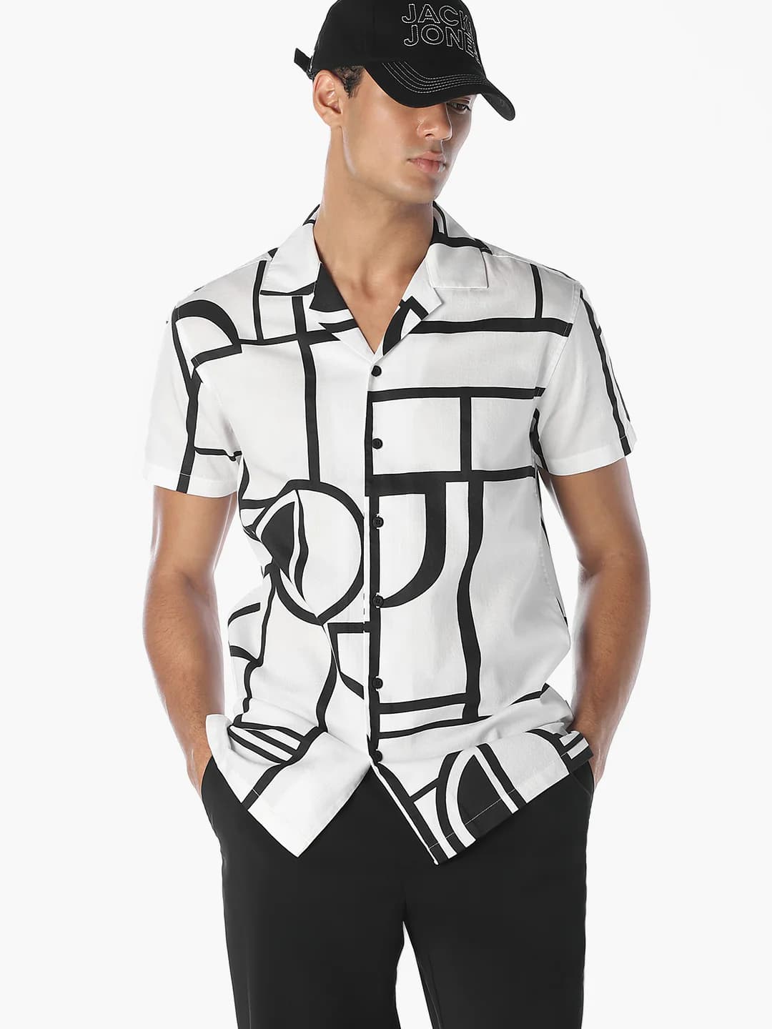 Men's White Casual Half Sleeves Abstract Shirt