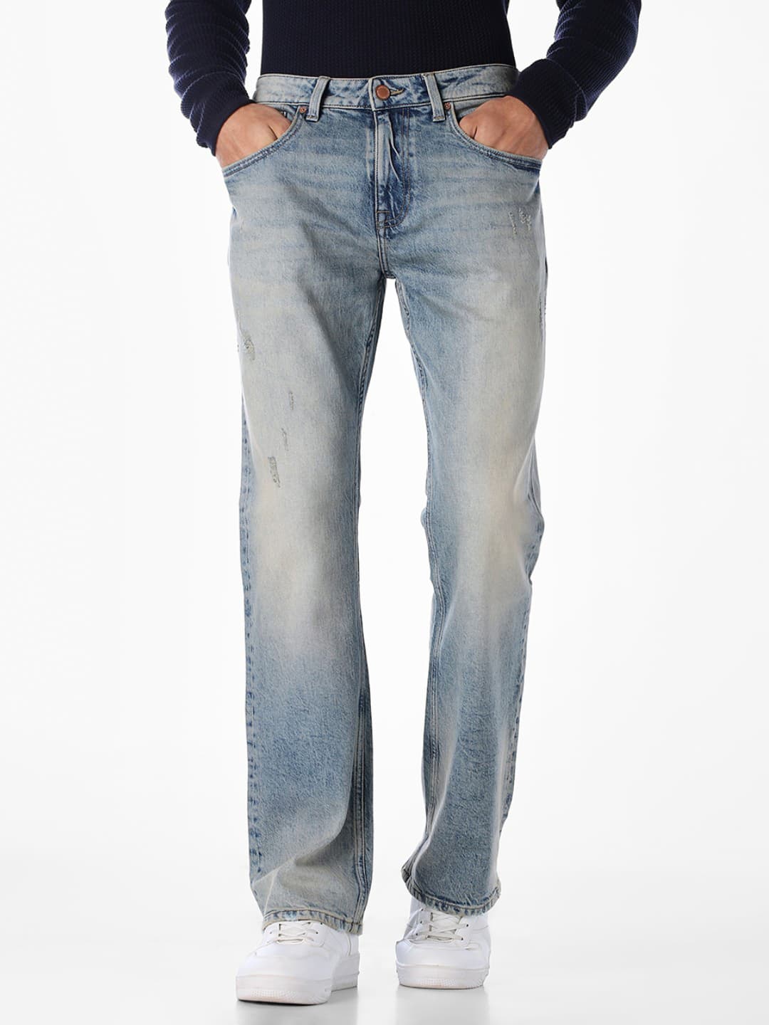 Men's Blue Casual Bootcut Fit High Rise Medium Distressed Jeans