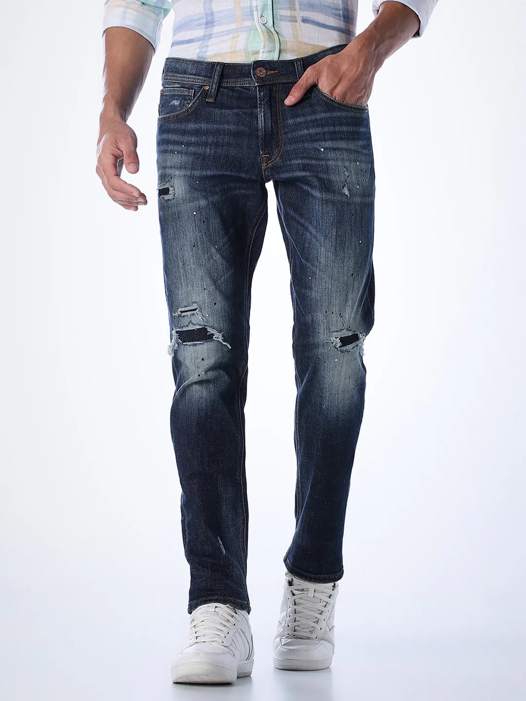 Men's Blue Casual Slim Fit Low Rise Heavy Distressed Jeans