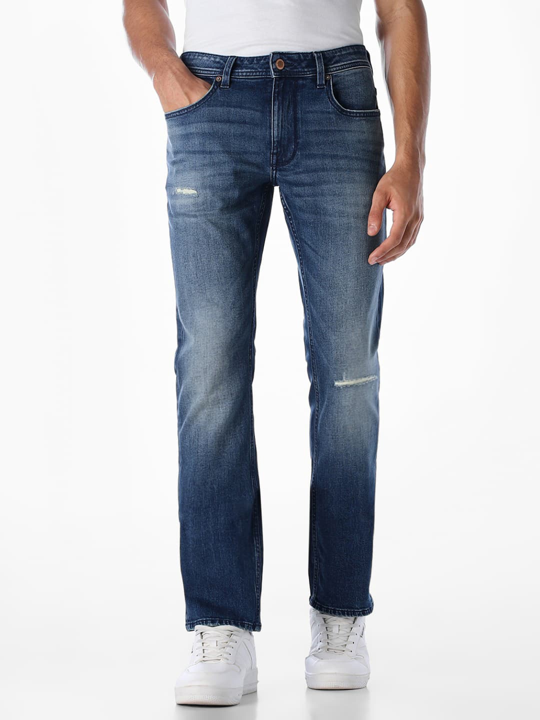 Men's Blue Casual Regular Fit Low Rise Medium Distressed Jeans