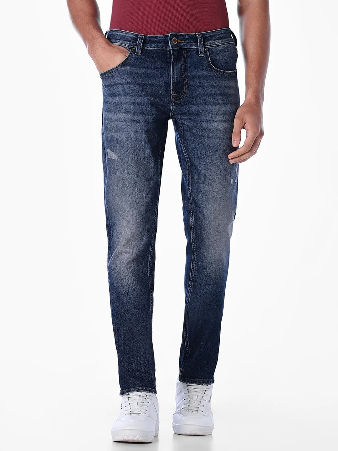Men's Blue Casual Slim Fit Low Rise Medium Distressed Jeans