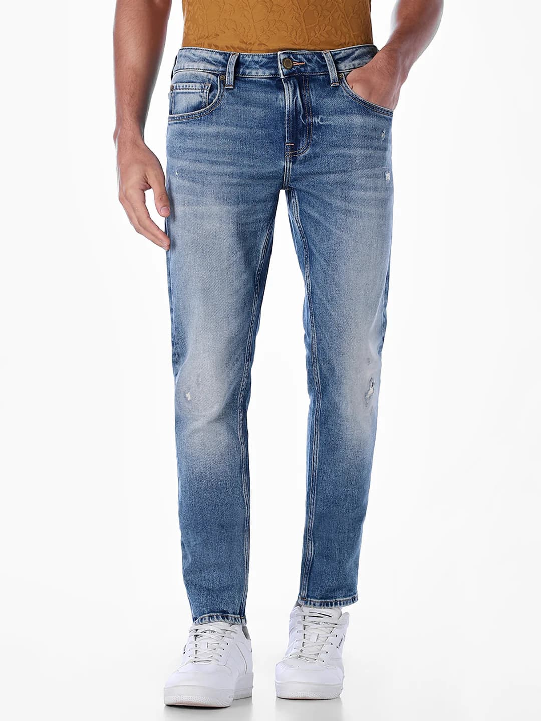 Men's Blue Casual Slim Fit Low Rise Medium Distressed Jeans