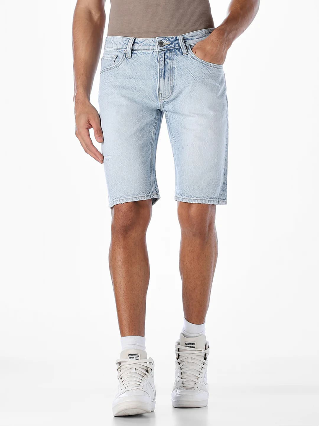 Men's Blue Casual Regular Fit Low Rise Medium Distressed Shorts