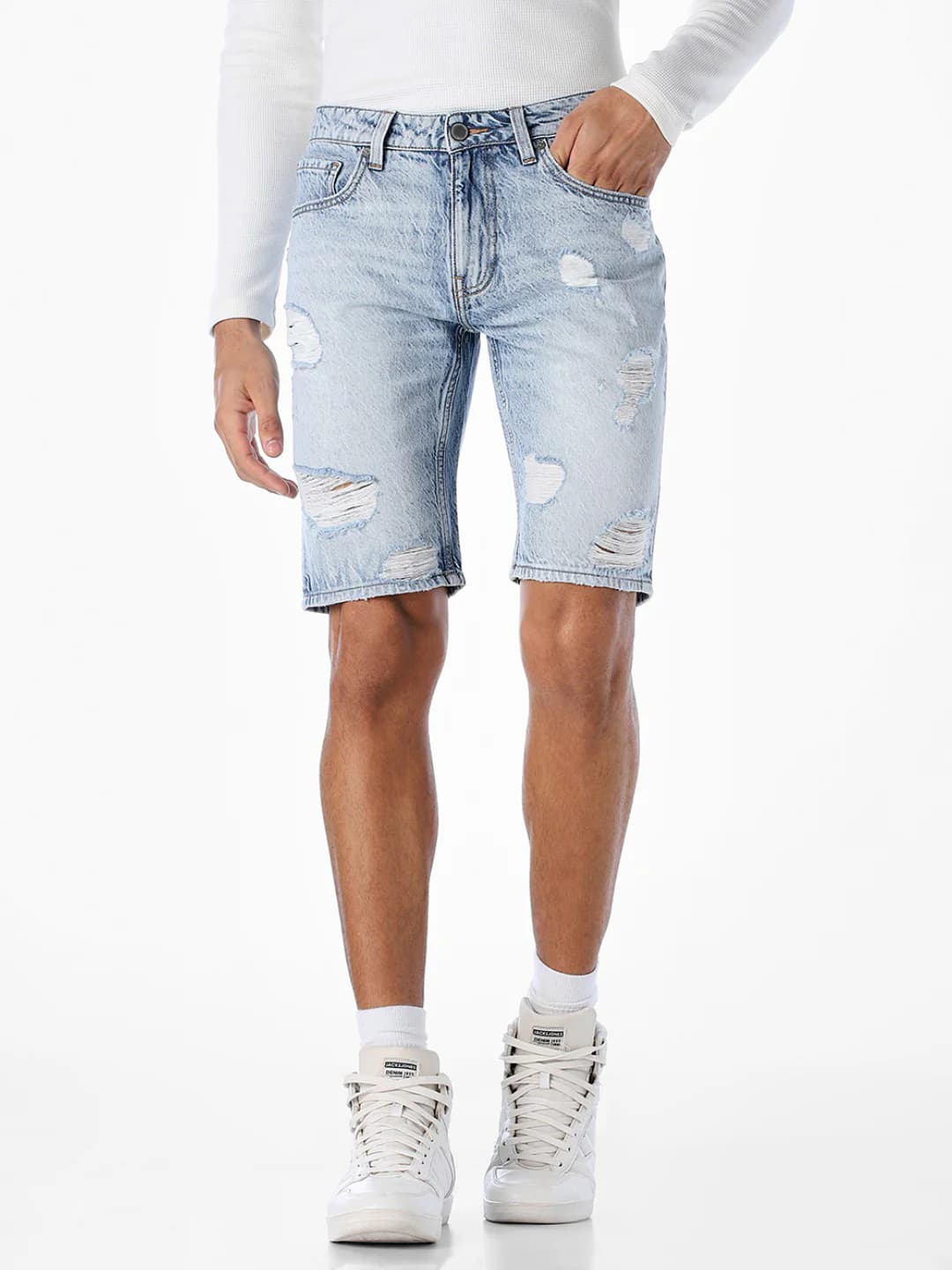 Men's Blue Casual Regular Fit Low Rise Heavy Distressed Shorts
