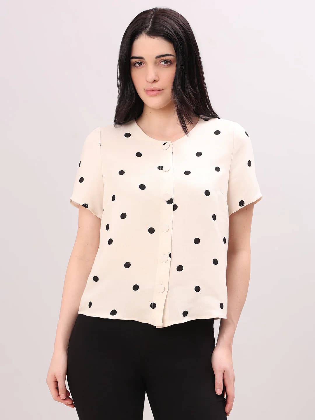 Women's Beige Casual Half Sleeves Polka Dot Tops