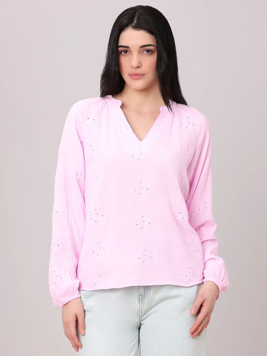 Women's Pink Casual Full Sleeves Self-Design Tops