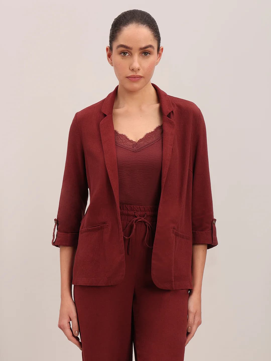 Women's Red Casual Three Quarter Sleeves Solid Blazer