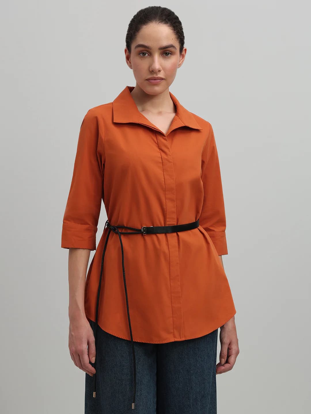 Women's Orange Casual Three Quarter Sleeves Solid Shirt