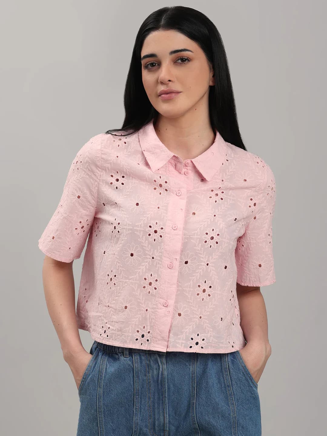 Women's Pink Casual Half Sleeves Self-Design Shirt