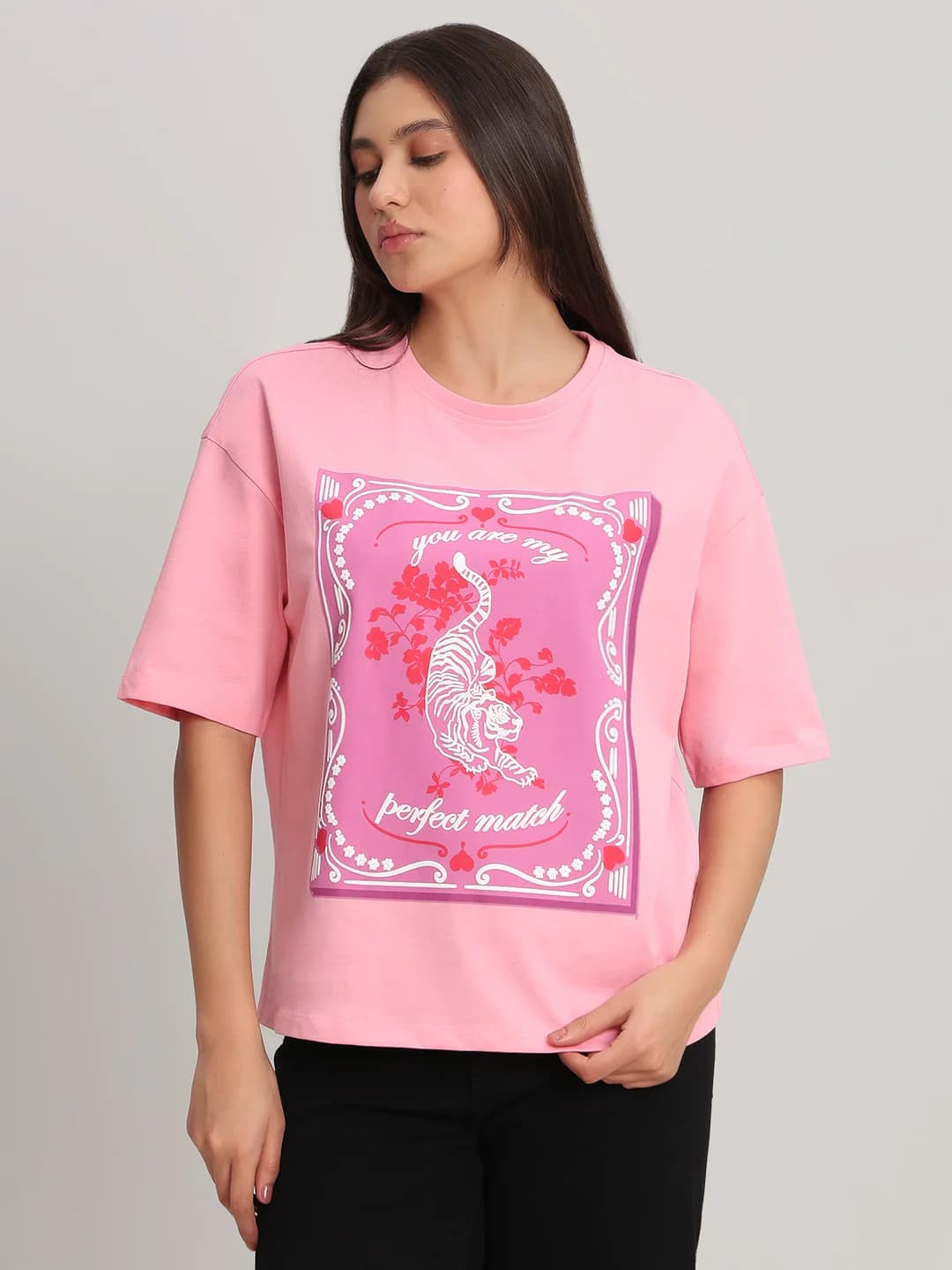 Women's Pink Casual Half Sleeves Graphic Tshirt