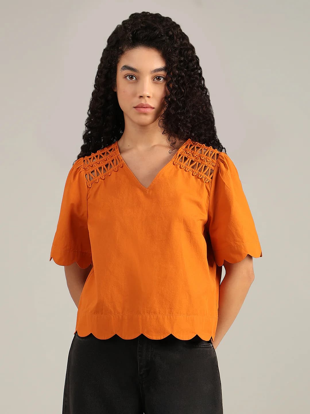 Women's Orange Casual Half Sleeves Solid Tops