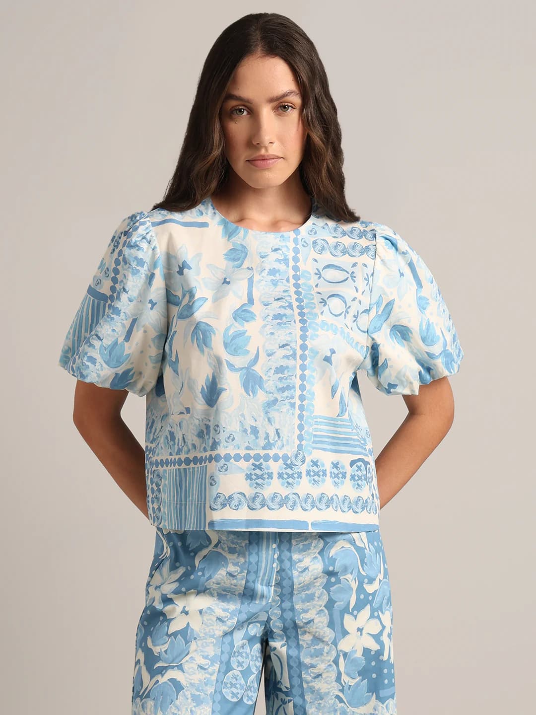 Women's Blue Casual Half Sleeves Floral Tops