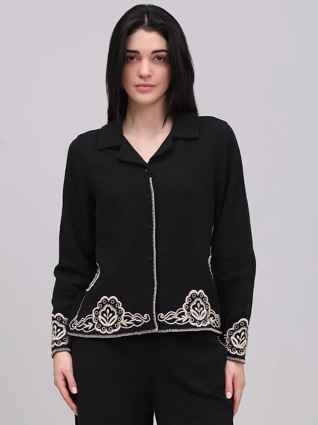 Women's Black Casual Full Sleeves Self-Design Shirt