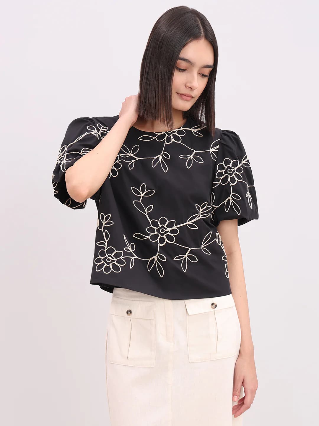 Women's Black Casual Half Sleeves Self-Design Tops