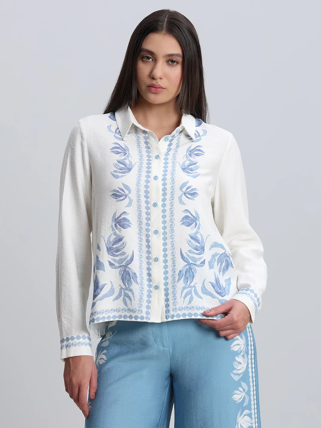 Women's White Casual Full Sleeves Floral Shirt
