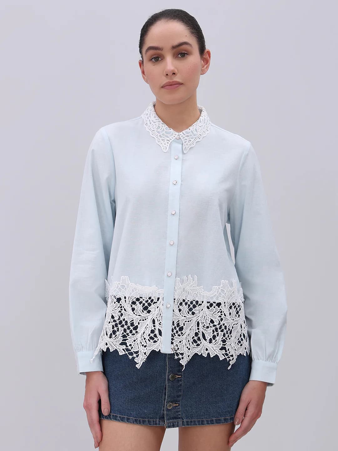 Women's Blue Casual Full Sleeves Self-Design Shirt
