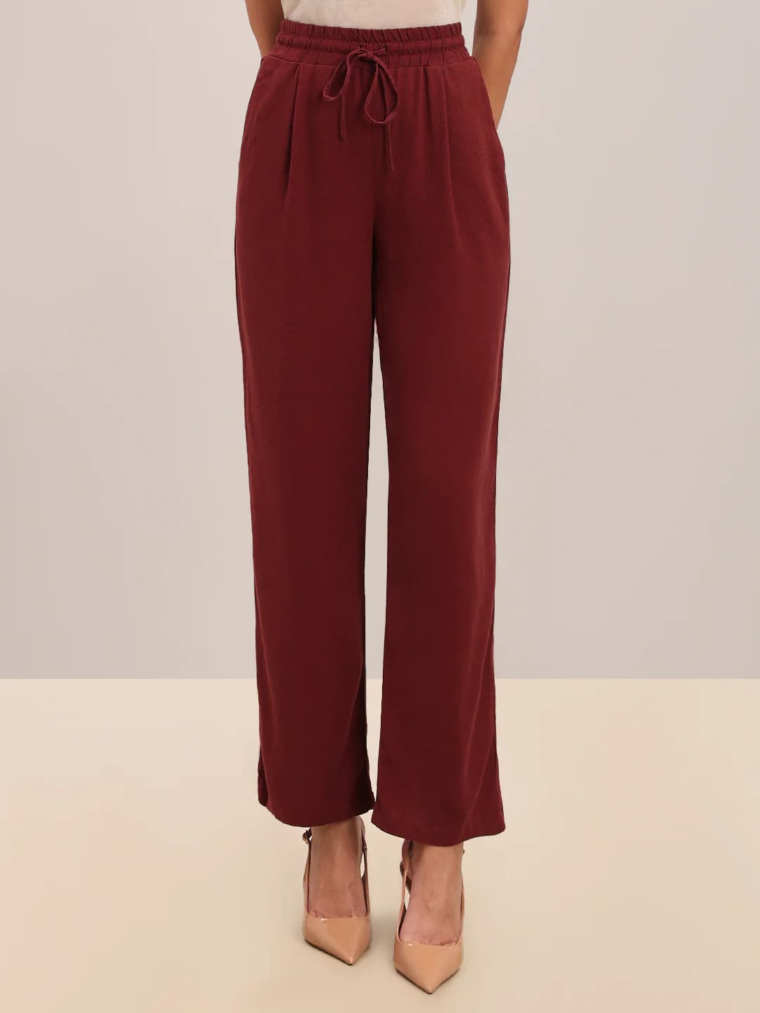 Women's Red Casual Straight Fit High Rise Trouser