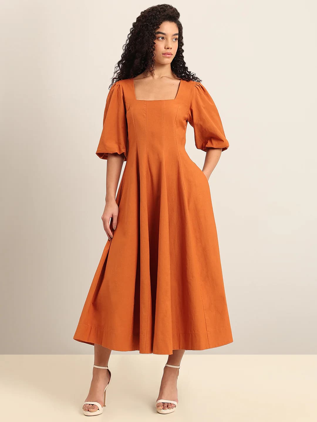 Women's Orange Casual A-Line Half Sleeves Dress