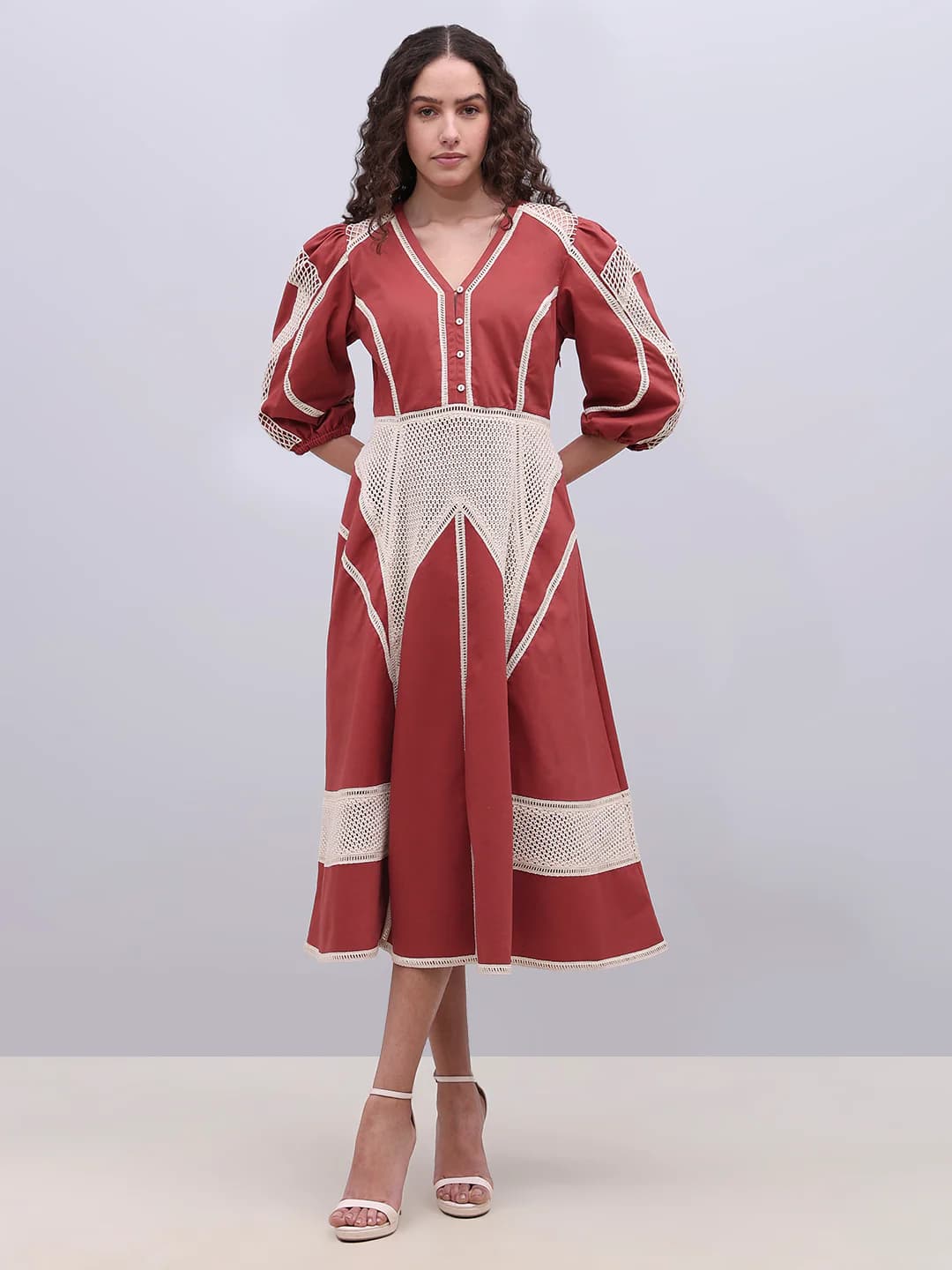 Women's Brown Casual Fit & Flared Three Quarter Sleeves Dress